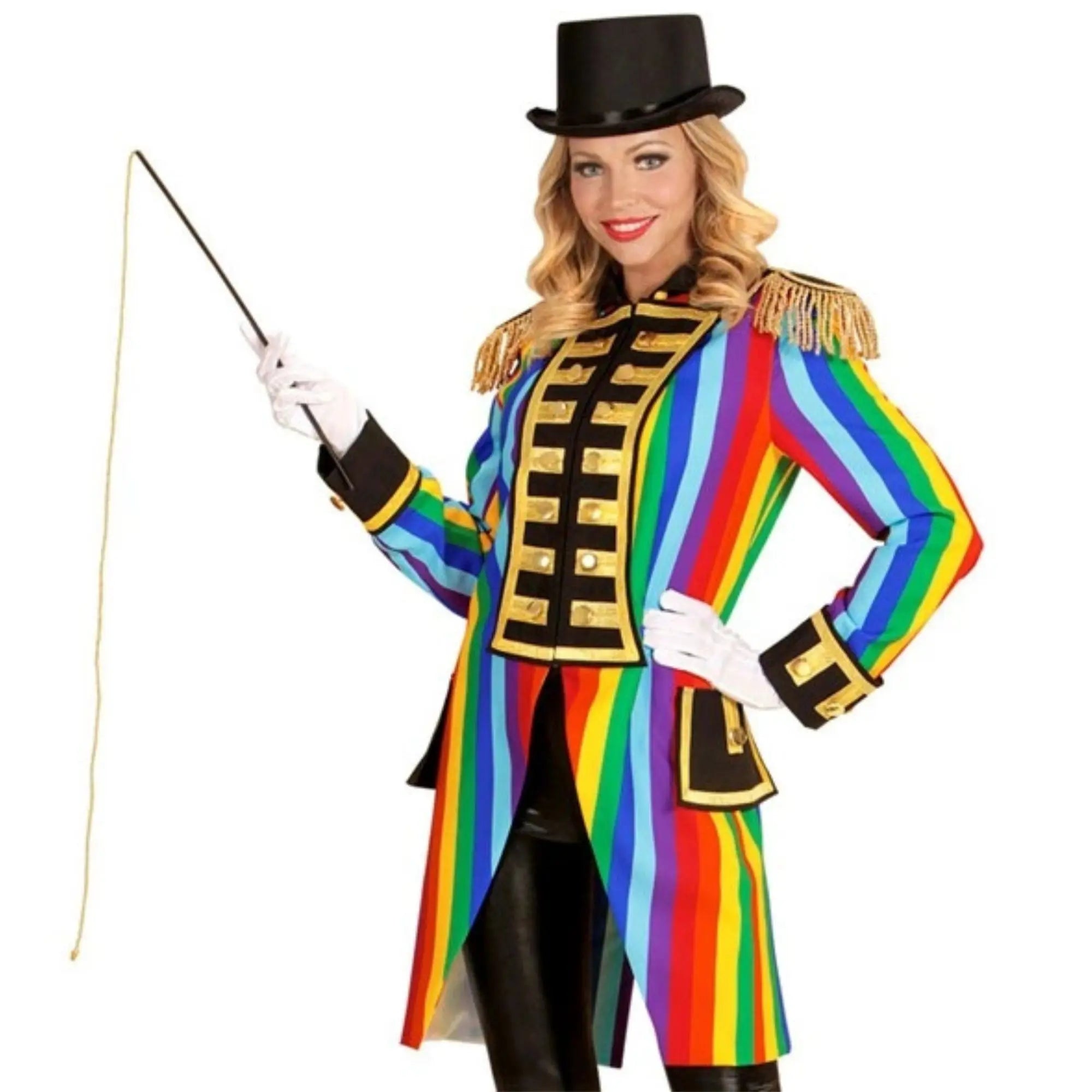 Chaqueta de presentadora de circo para mujer con diseño arcoíris y detalles dorados