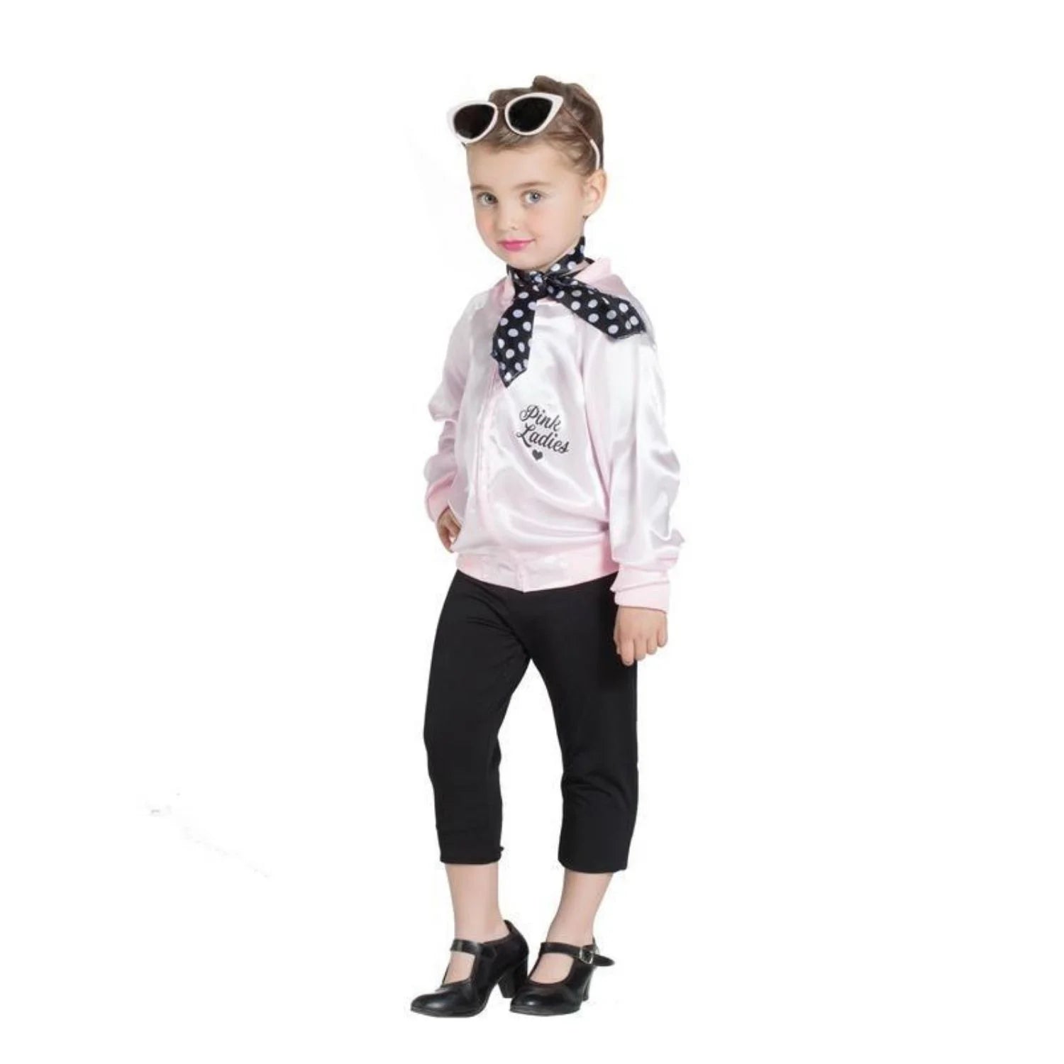 Chaqueta Pink Lady infantil con pañuelo de lunares para disfraz retro