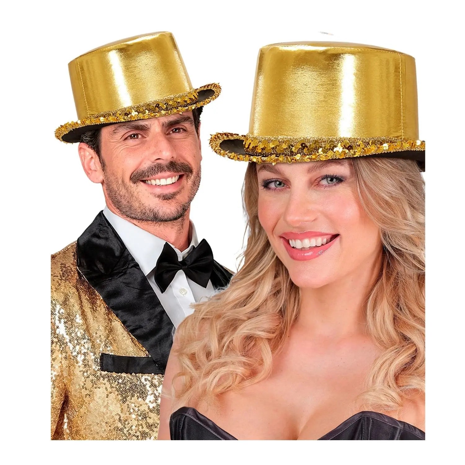 chistera dorada de lujo en lamé complemento para look cabaret o espectáculo elegante