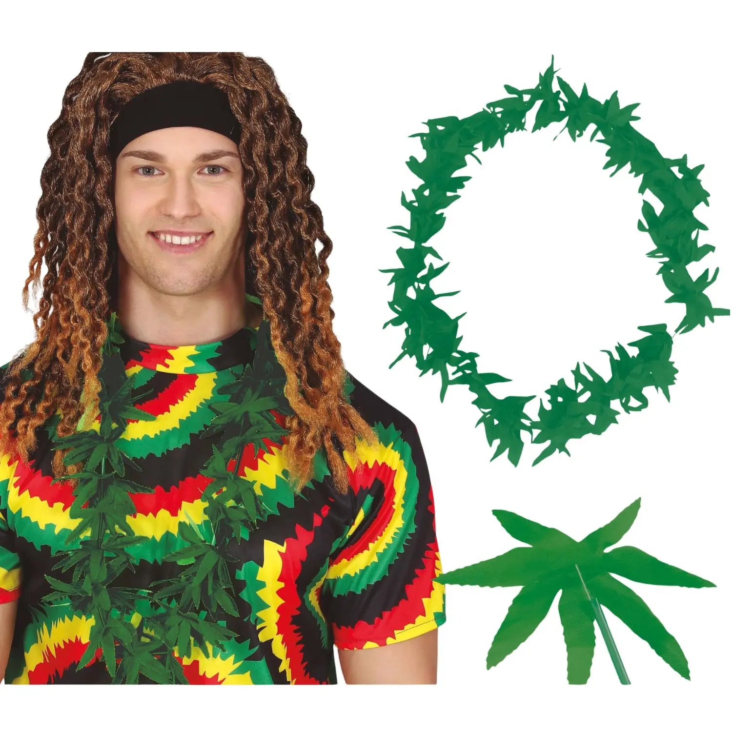 Collar de hojas de marihuana para completar disfraces hippies y reggae