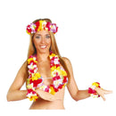 conjunto hawaiano de flores de colores con cinta collar y muñequeras para look tropical y fiestas de verano