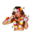 conjunto hawaiano multicolor con collar cinta de cabeza y muñequeras de flores para look tropical y fiestas de verano