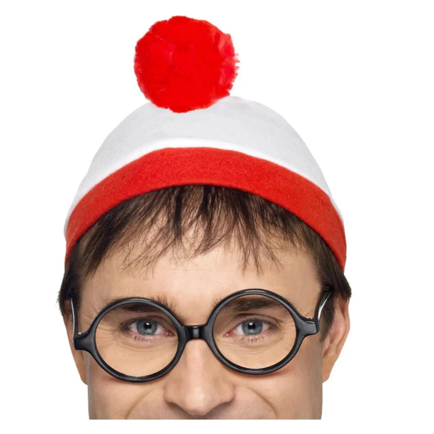 conjunto estilo wally con gorro rojo y blanco y gafas redondas complemento para look de personaje divertido