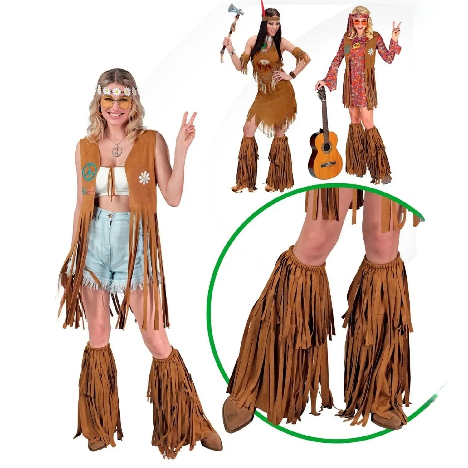 cubrebotas marrones con flecos complemento para look hippie o india en fiestas temáticas