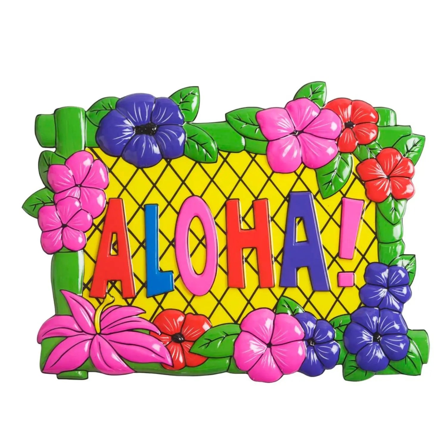 decoración hawaiana con cartel aloha y flores tropicales para fiestas temáticas y eventos veraniegos