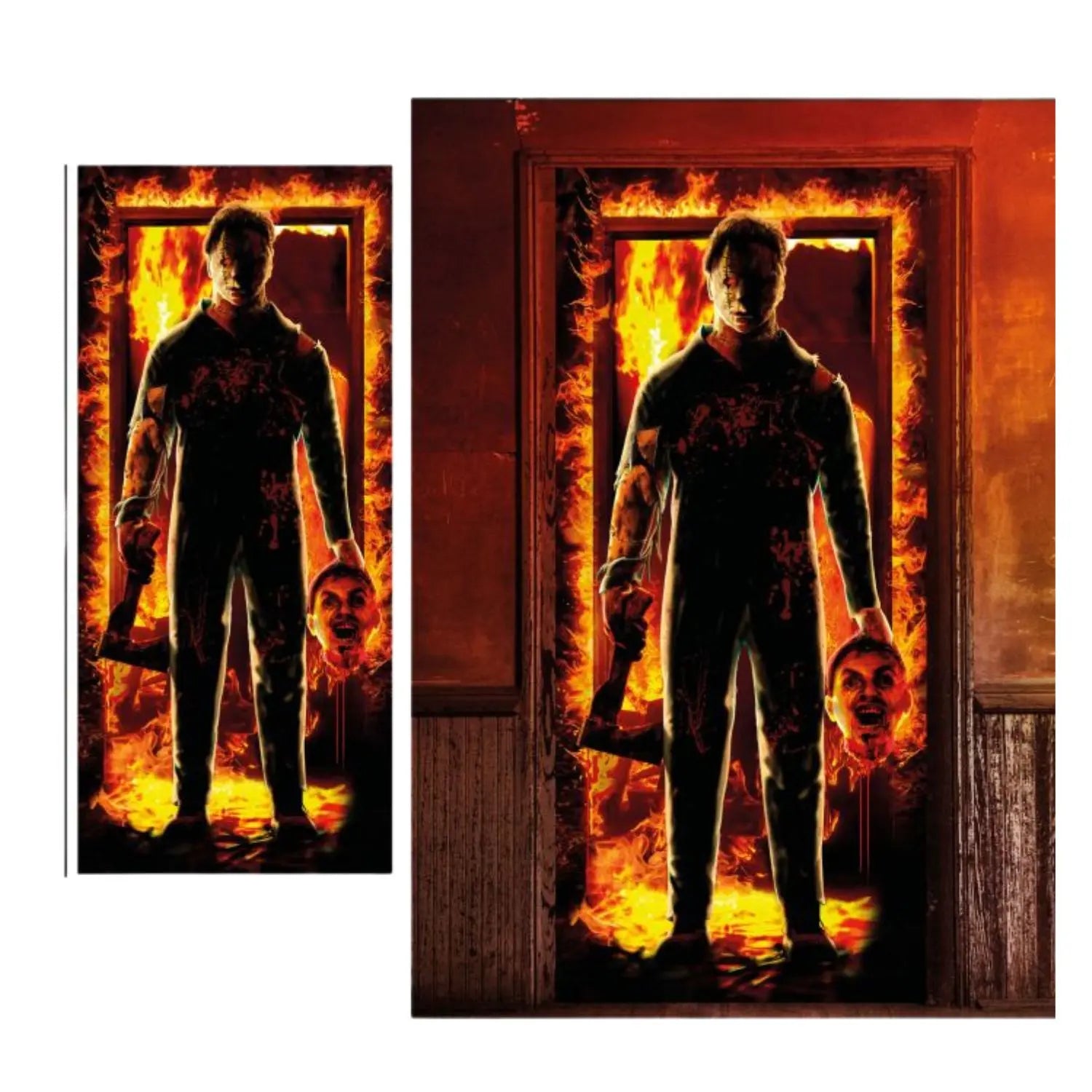 decoración puerta asesino 80x180 cm para ambientación de terror y halloween en fiestas temáticas