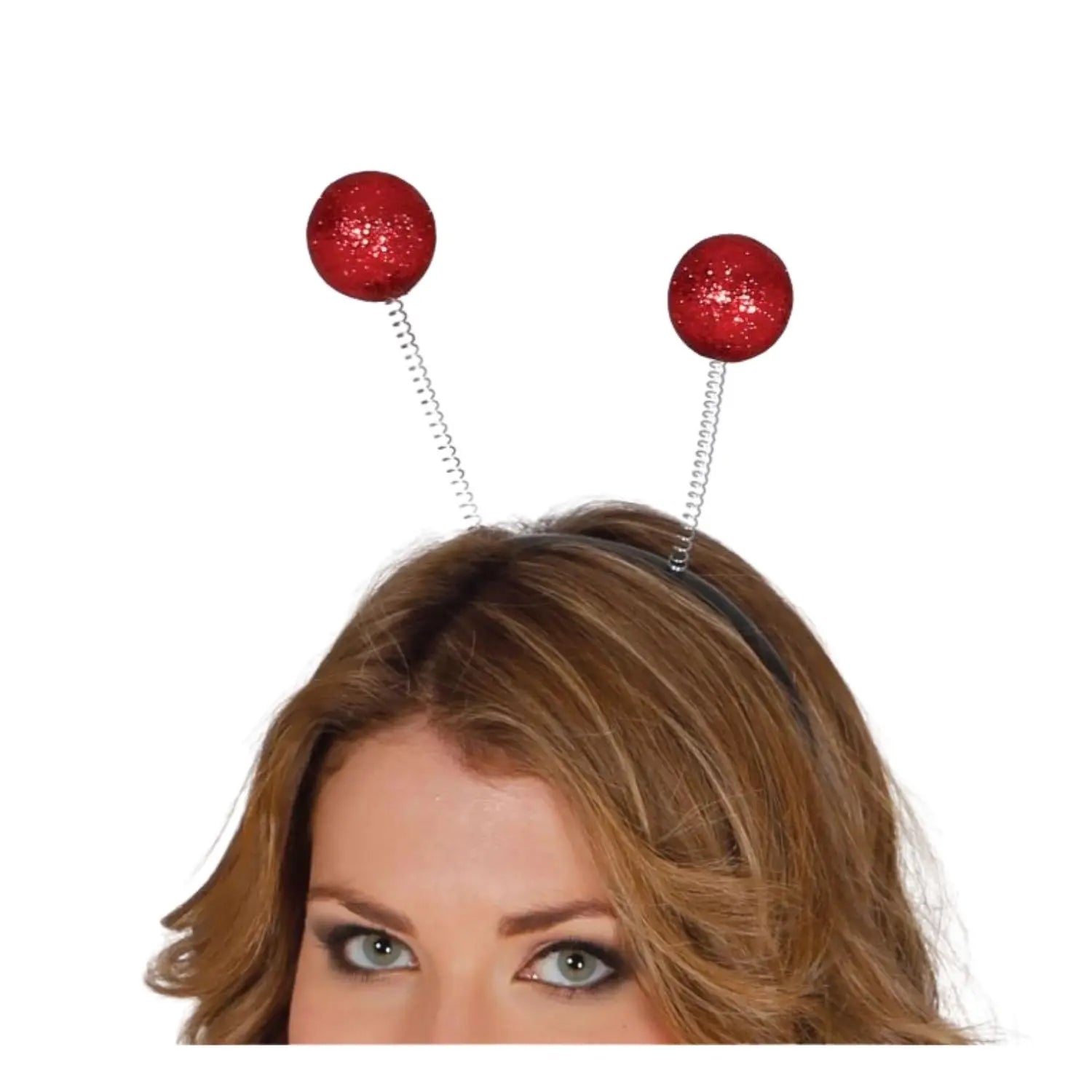 diadema con antenas y bolas de escarcha rojas complemento para look navideño o festivo ideal para Navidad