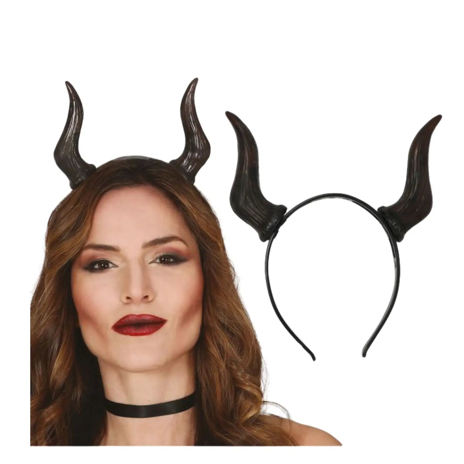 diadema con cuernos de demonio negros para look de diablo o terror en Halloween y fiestas temáticas