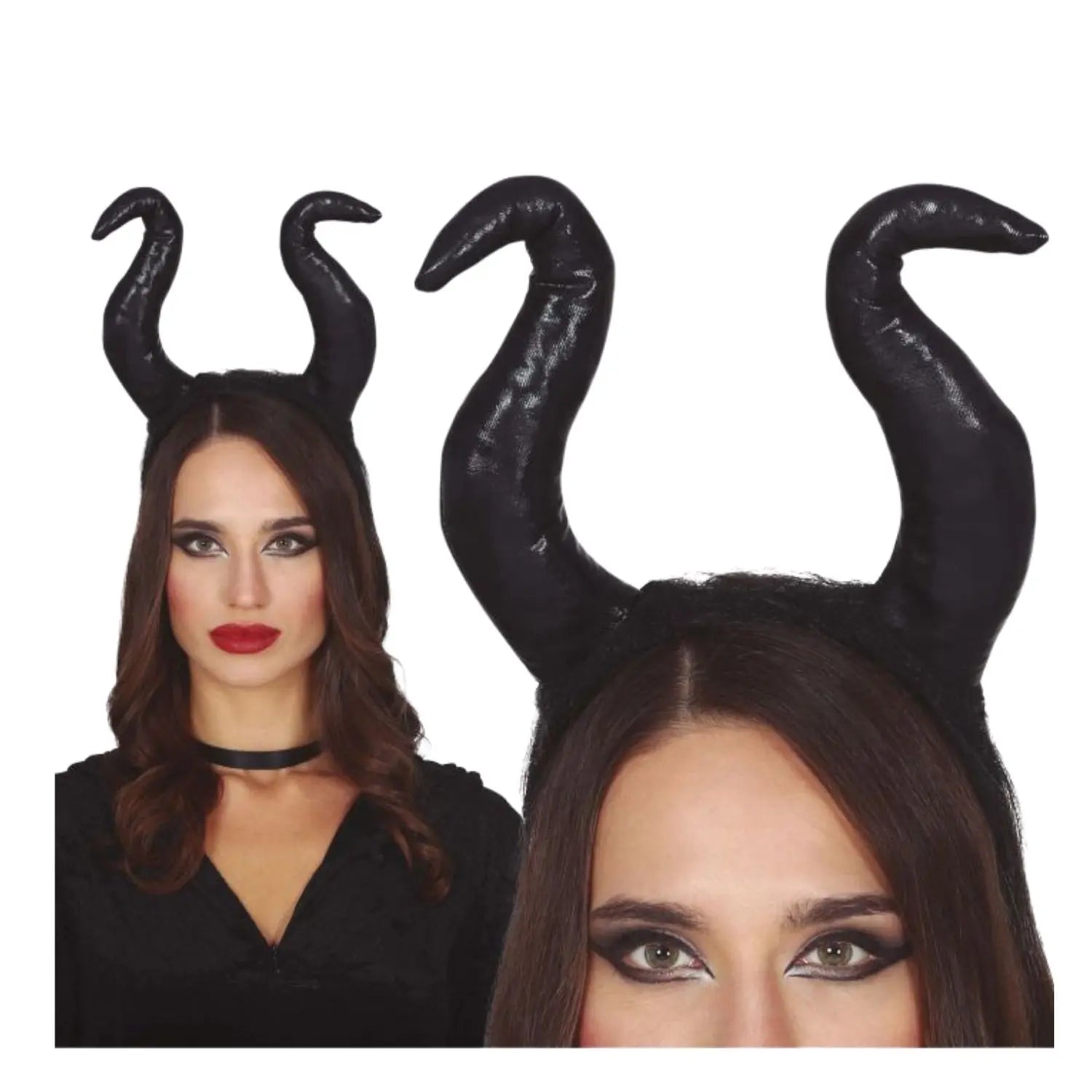 diadema de cuernos negros flexibles complemento para look malvada o villana ideal para Halloween o Carnaval
