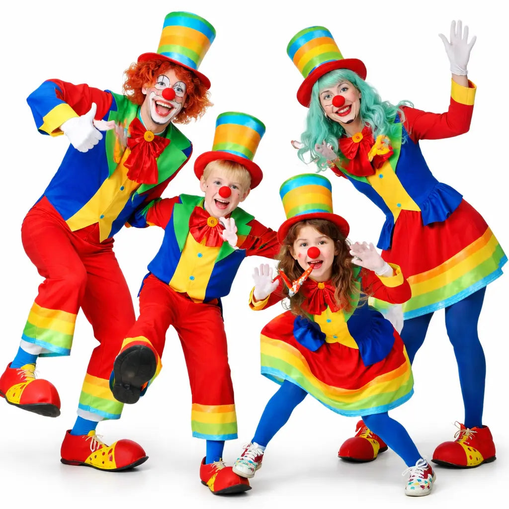 Grupo de amigos disfrazados de payasos multicolor con trajes llamativos y ambiente festivo de circo