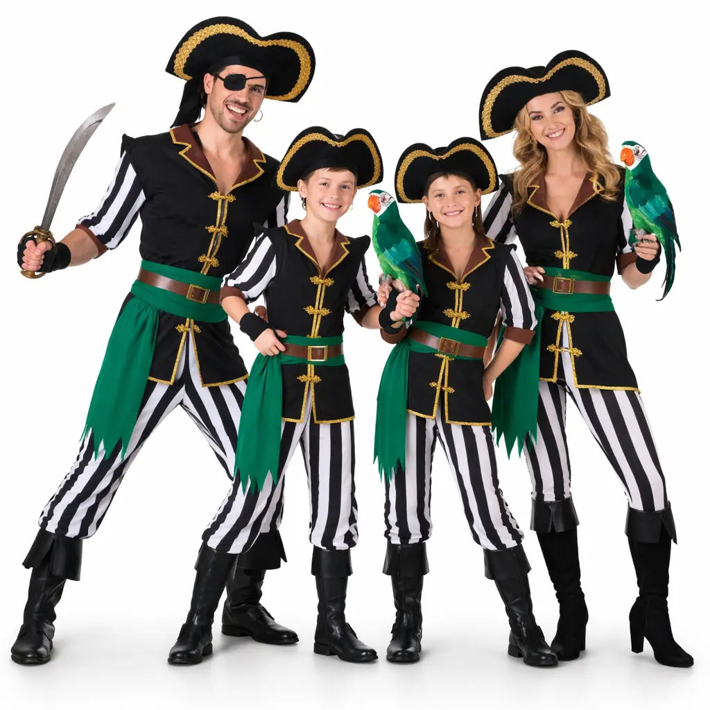 Grupo de amigos disfrazados de piratas Parrot coloridos y divertidos en Carnaval