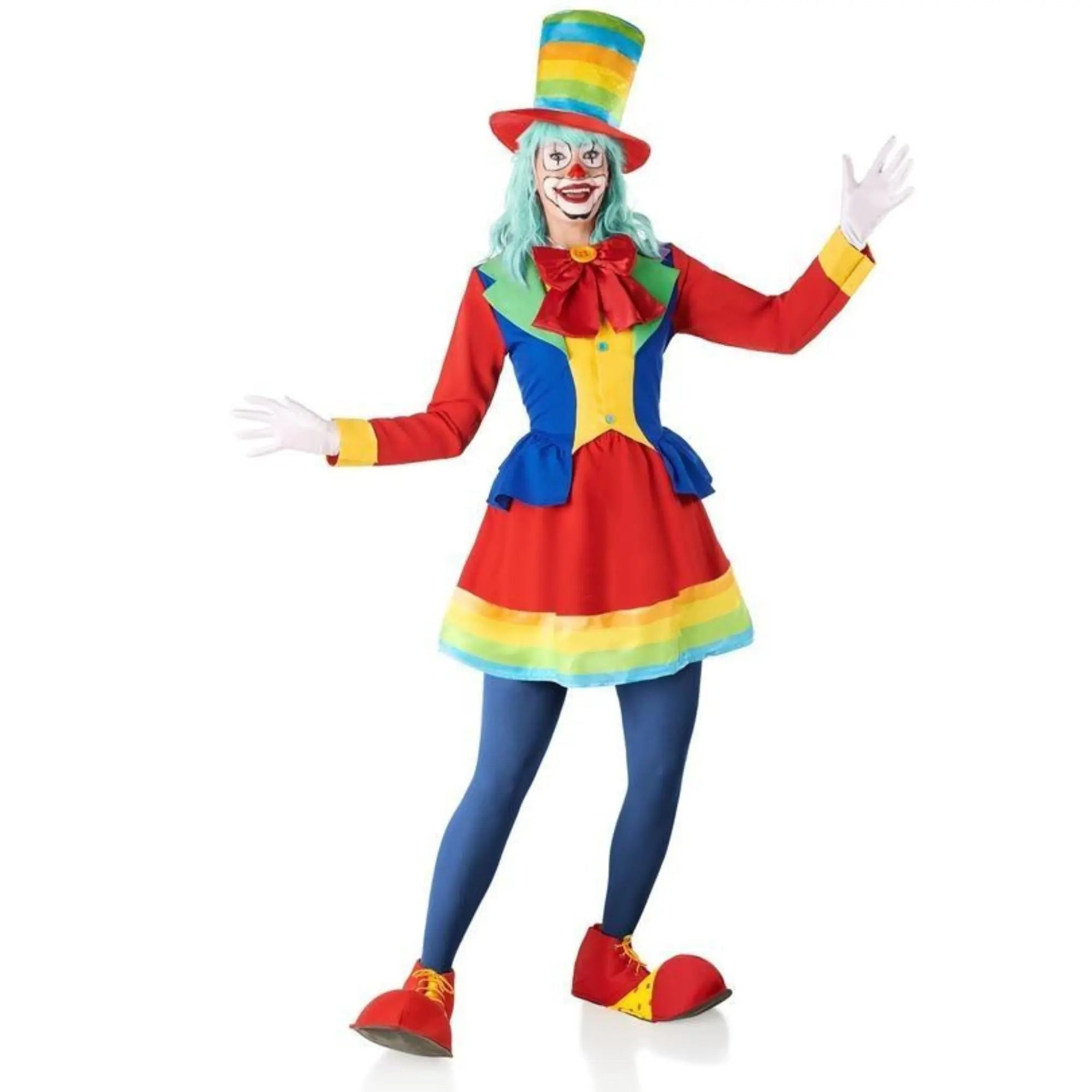 Disfraz de payasa multicolor para mujer adulta con chaqueta, falda, sombrero y pajarita colorida