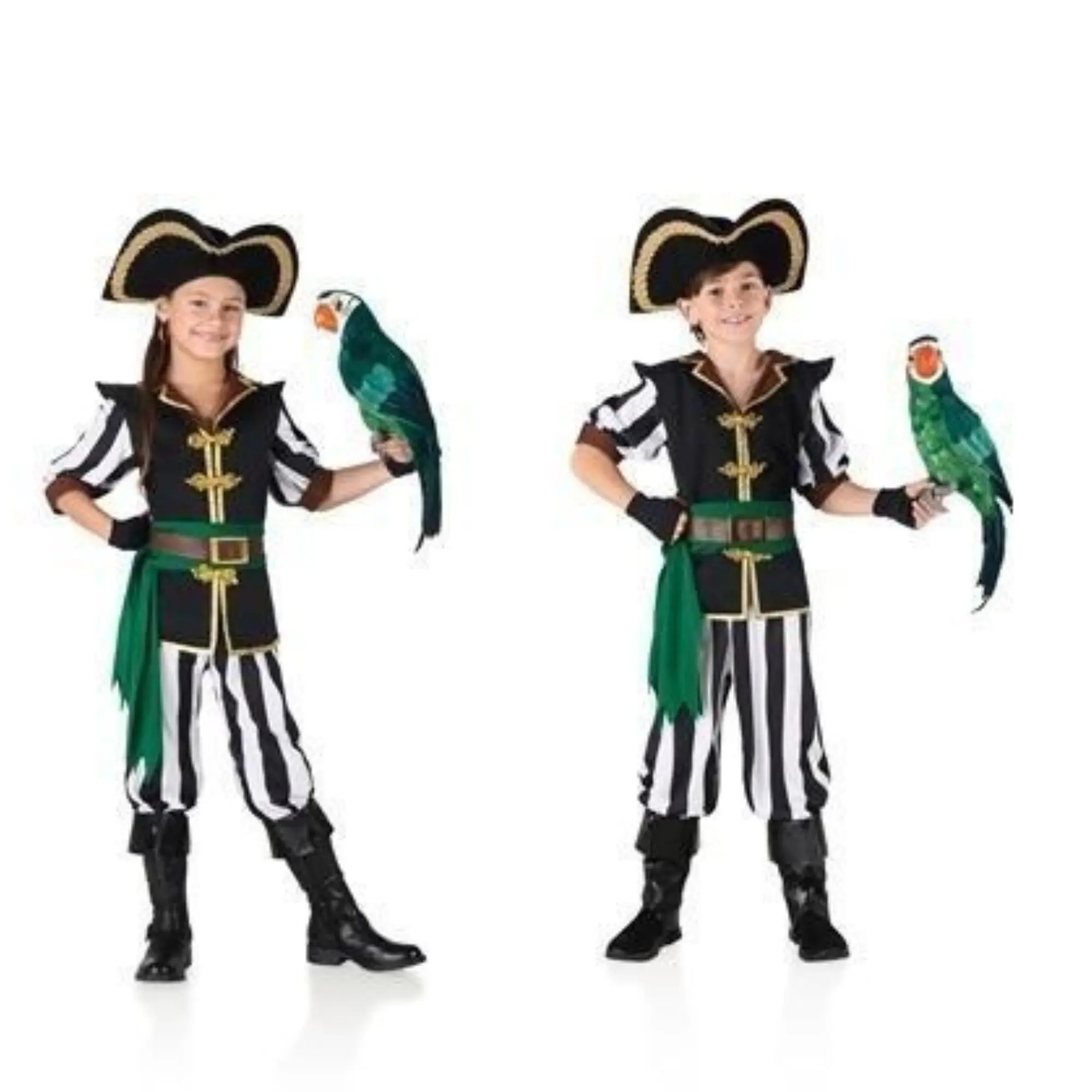 Disfraz pirata infantil Parrot con camisa, pantalones, faja, cinturón, cubrebotas y pañuelo para Carnaval