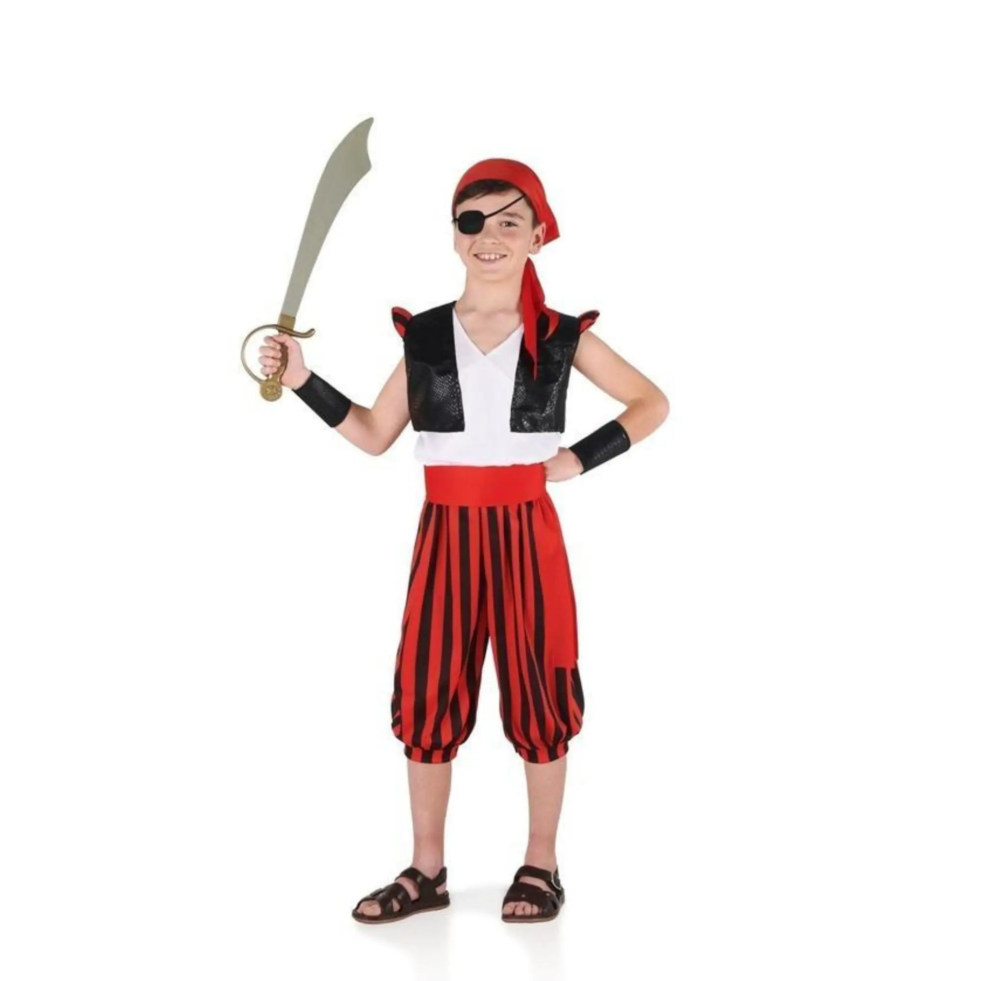 Disfraz de pirata para niño con pantalón a rayas, chaleco, camisa y accesorios completos para Carnaval