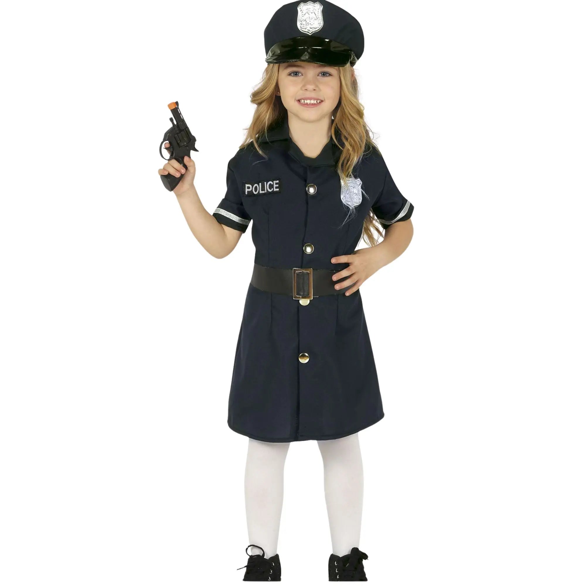 Disfraz de policía para niña azul con vestido, cinturón y gorro ideal para Carnaval