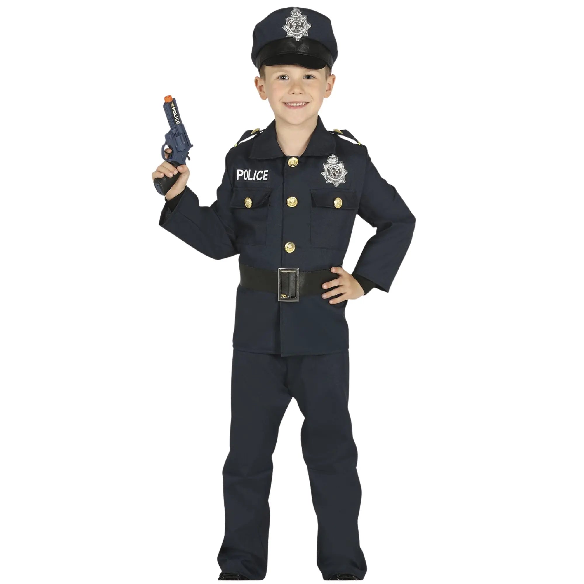 Disfraz de policía para niño con chaqueta, pantalón, cinturón y gorro ideal para Carnaval y fiestas escolares