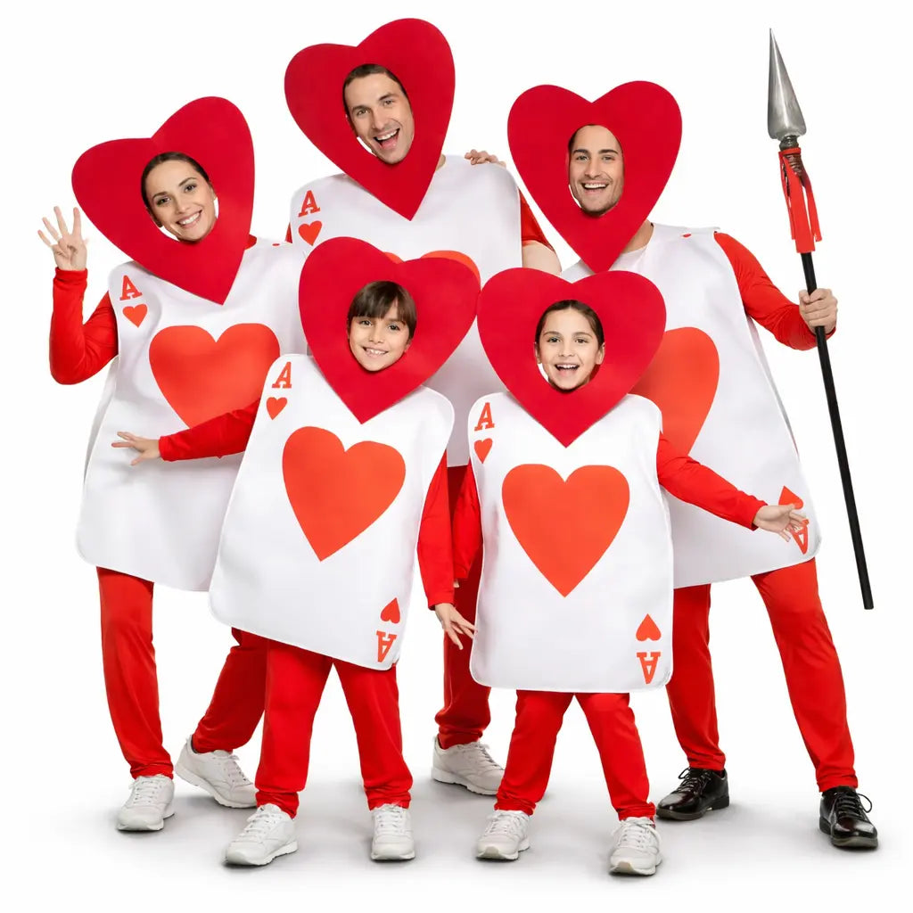 Grupo de personas adultas y niños disfrazados de cartas As de corazones coordinados para Carnaval