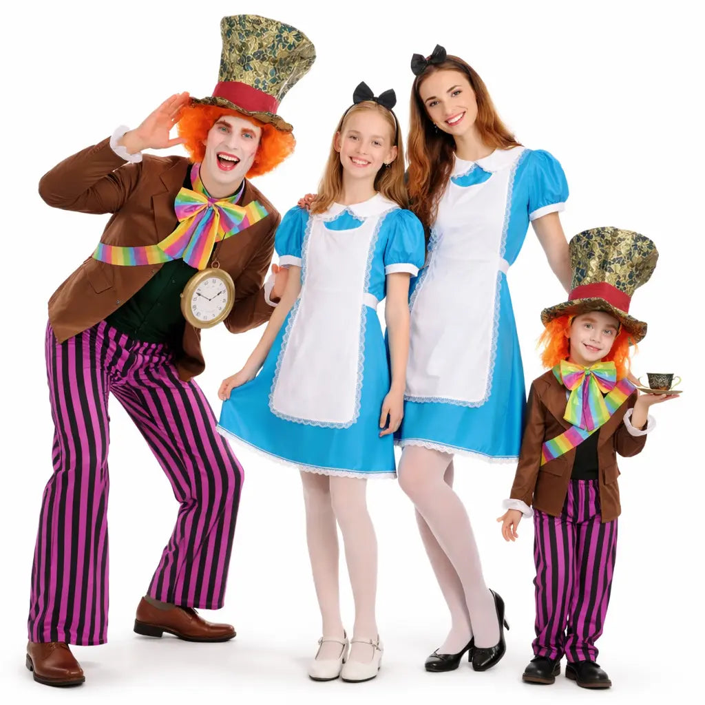 Grupo disfrazado de Alicia y Sombrerero con trajes coordinados de cuento para Carnaval y fiestas temáticas