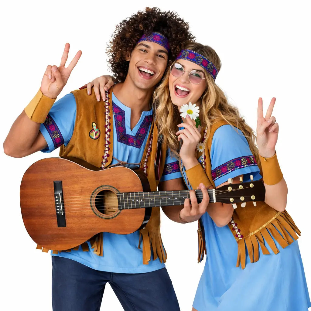 Pareja disfrazada de hippies con ropa colorida y estilo años 60 en Carnaval
