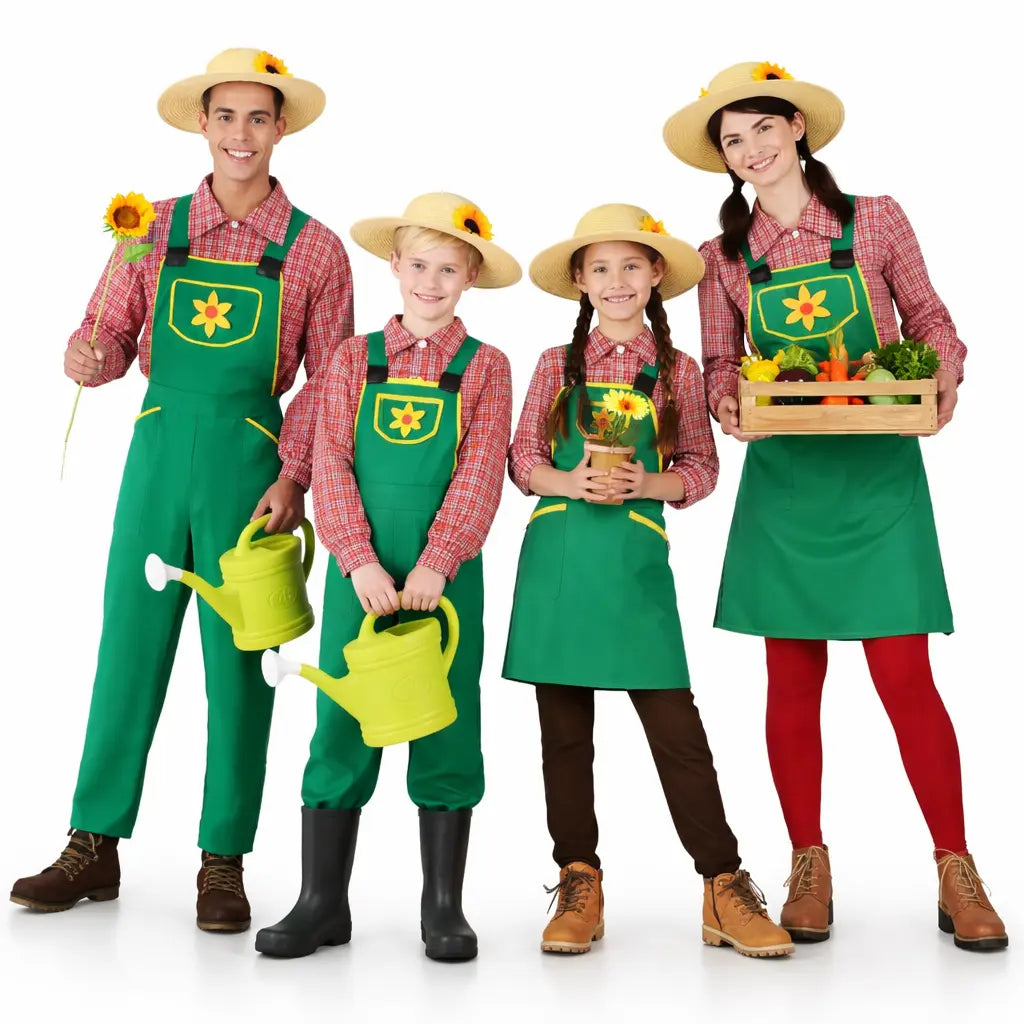 Grupo de amigos disfrazados de jardineros con herramientas y ropa colorida en Carnaval