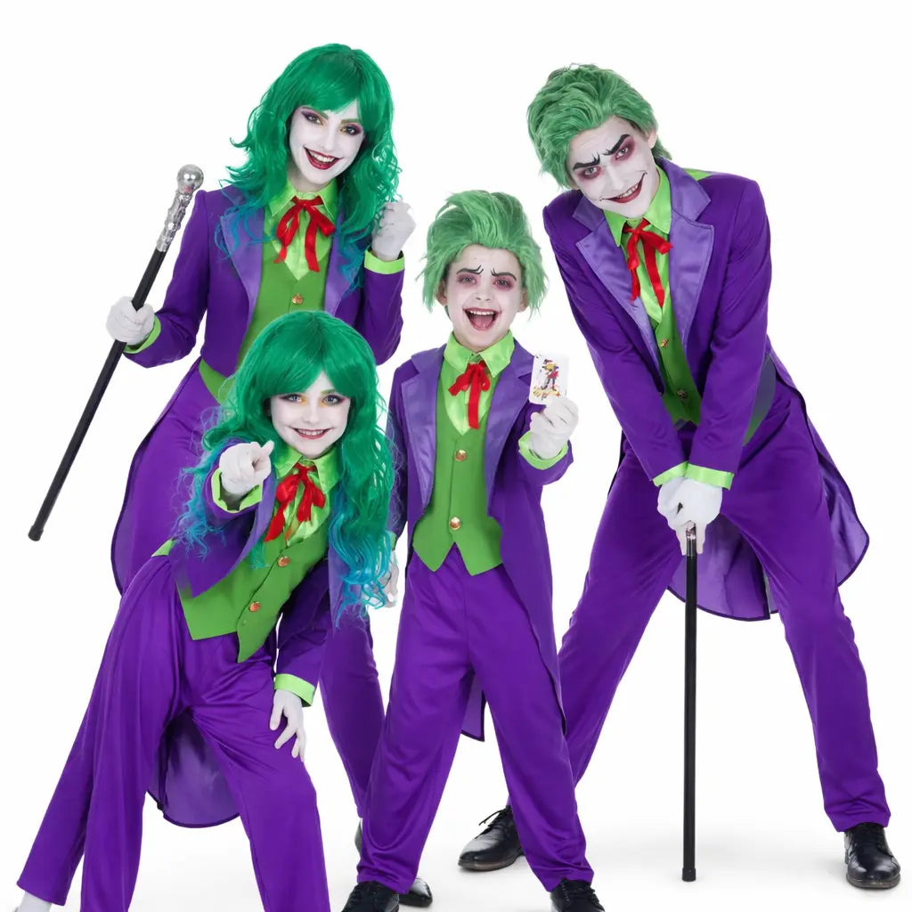 Grupo de amigos disfrazados de Joker malvado con maquillaje y trajes coordinados en fiesta de Carnaval o Halloween