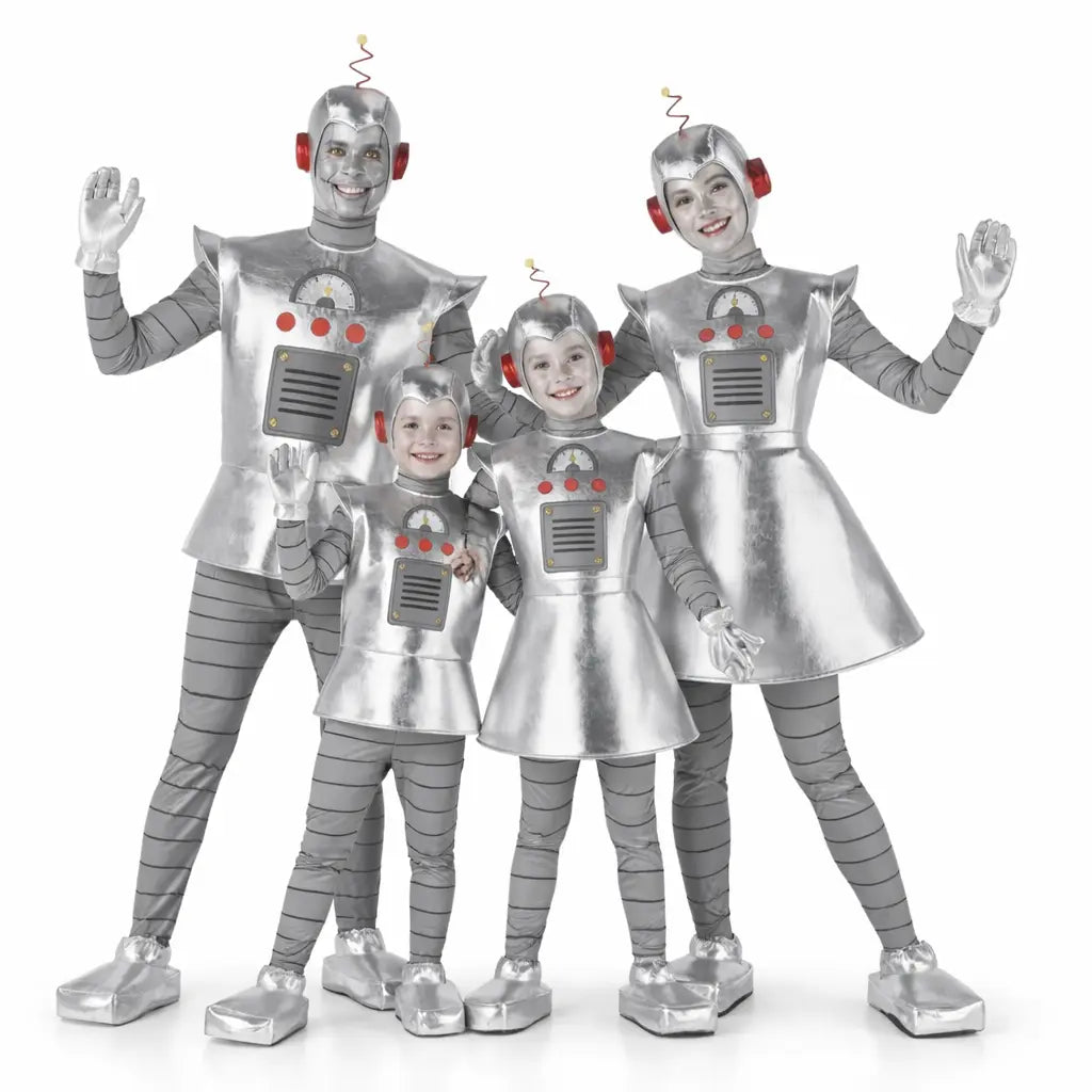 Grupo de amigos disfrazados de robots futuristas con estilo extraterrestre en Carnaval