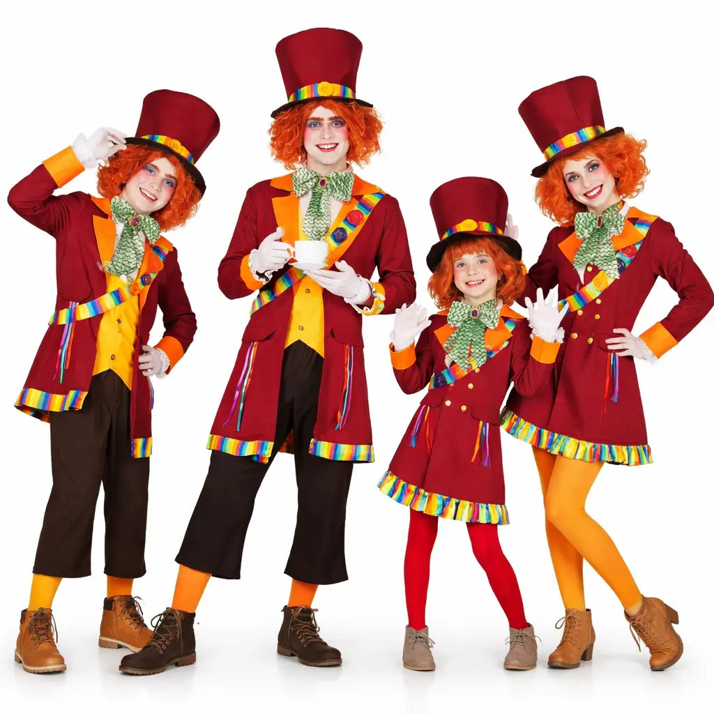 Grupo de amigos disfrazados de sombrereros elegantes con estilo de cuento en Carnaval
