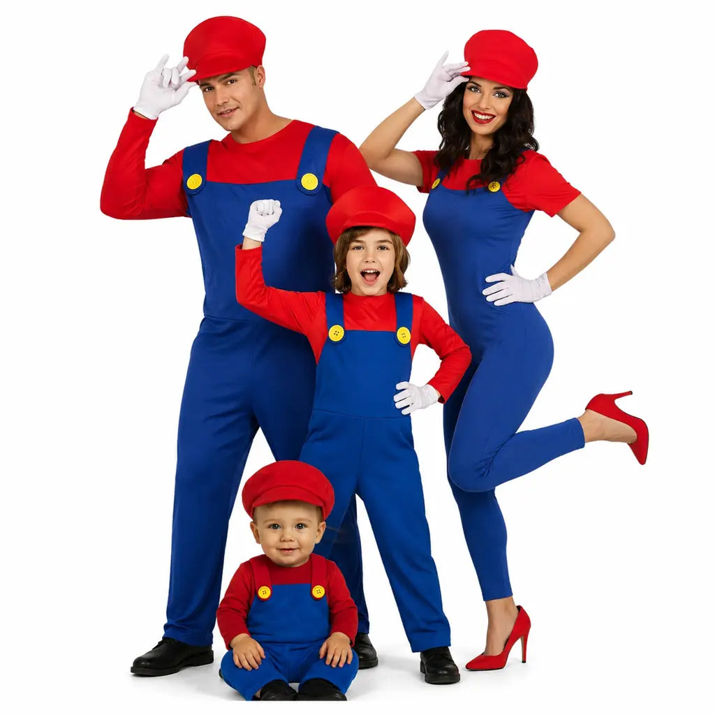 Grupo de amigos disfrazados de personajes de Super Mario para Carnaval y fiestas temáticas
