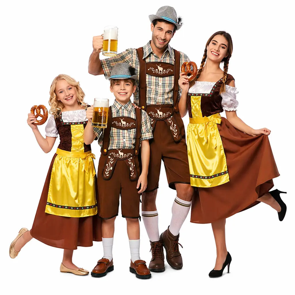 Grupo familiar disfrazado de tiroleses y bávaros con conjunto coordinado de hombre mujer niño y niña en fiesta Oktoberfest
