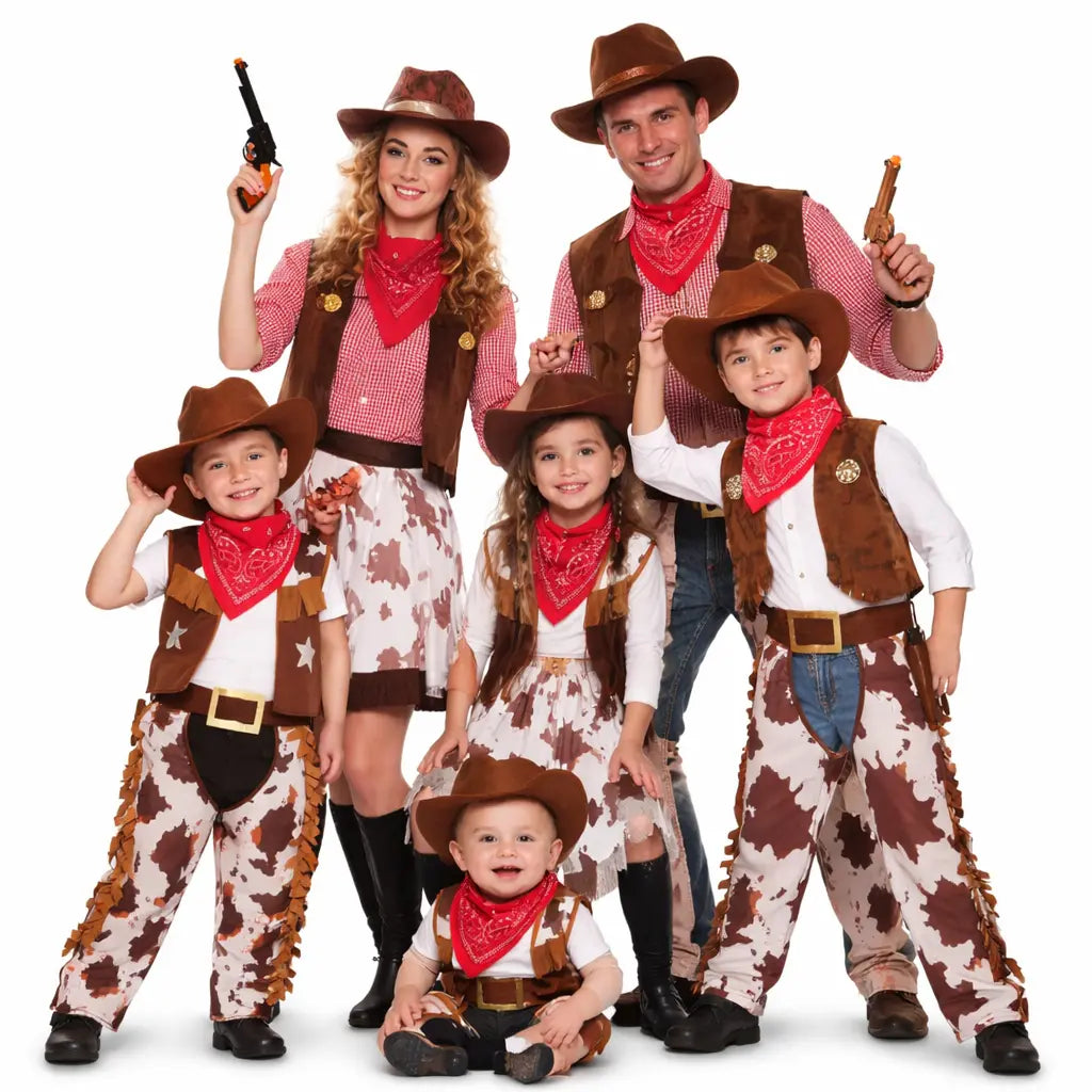 Familia completa de vaqueros disfrutando juntos de un disfraz coordinado con bebés, niños y adultos