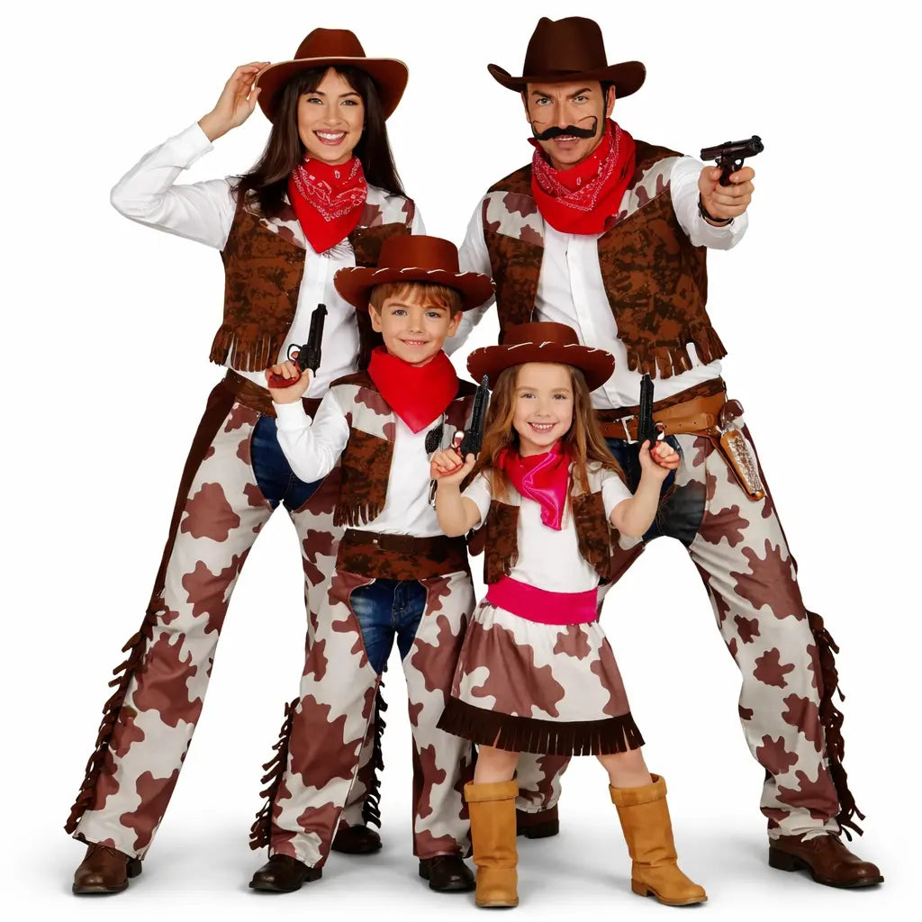Grupo de amigos disfrazados de vaqueros del Oeste con sheriff y forajidos en Carnaval