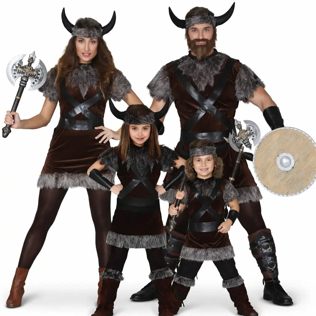 Grupo de amigos disfrazados de vikingos con estética guerrera en fiesta de Carnaval