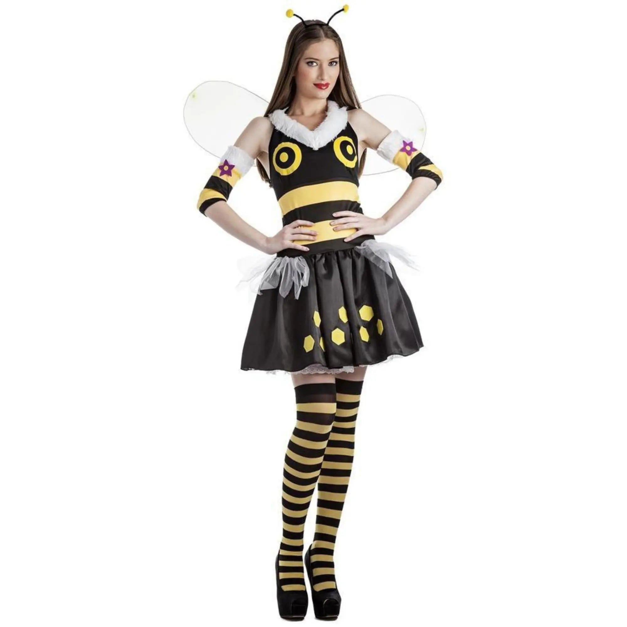 Disfraz de abeja Lady Bee para mujer con vestido amarillo y negro, alas, diadema y brazaletes para Carnaval