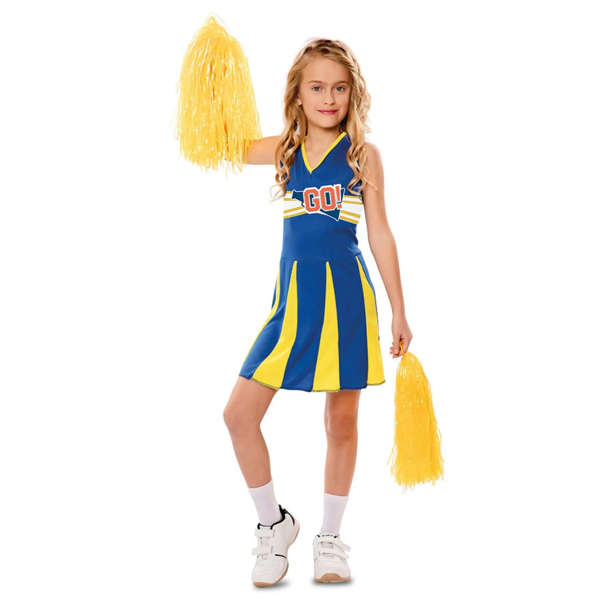 Disfraz de animadora para niña en azul y amarillo con vestido deportivo