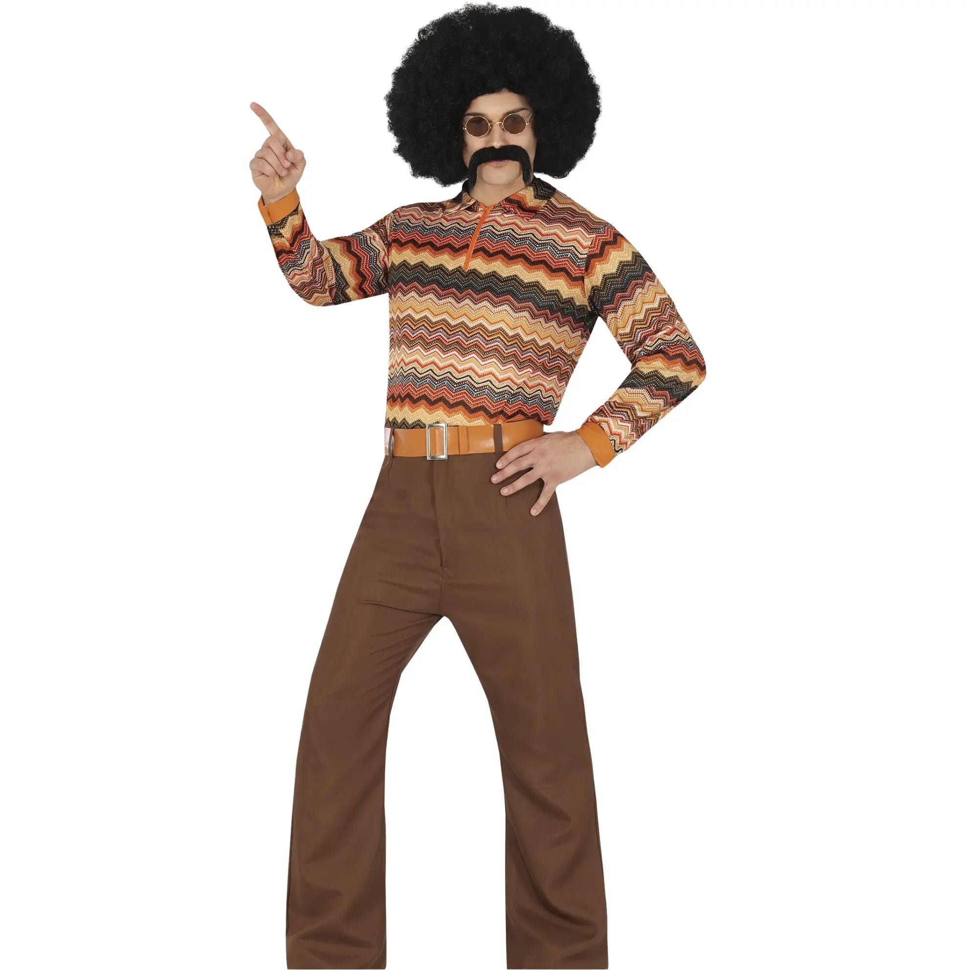 Disfraz de hombre años 70 adulto con pantalón, camiseta y cinturón estilo retro para Carnaval y fiestas disco