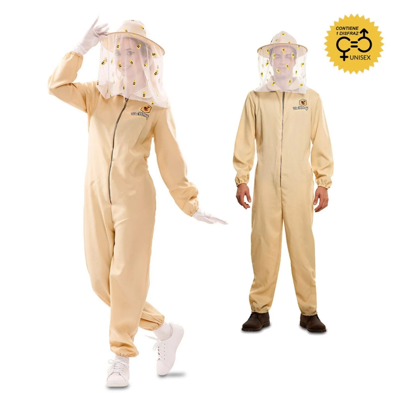 Hombre y mujer con disfraz de apicultor adulto beige con gorro protector