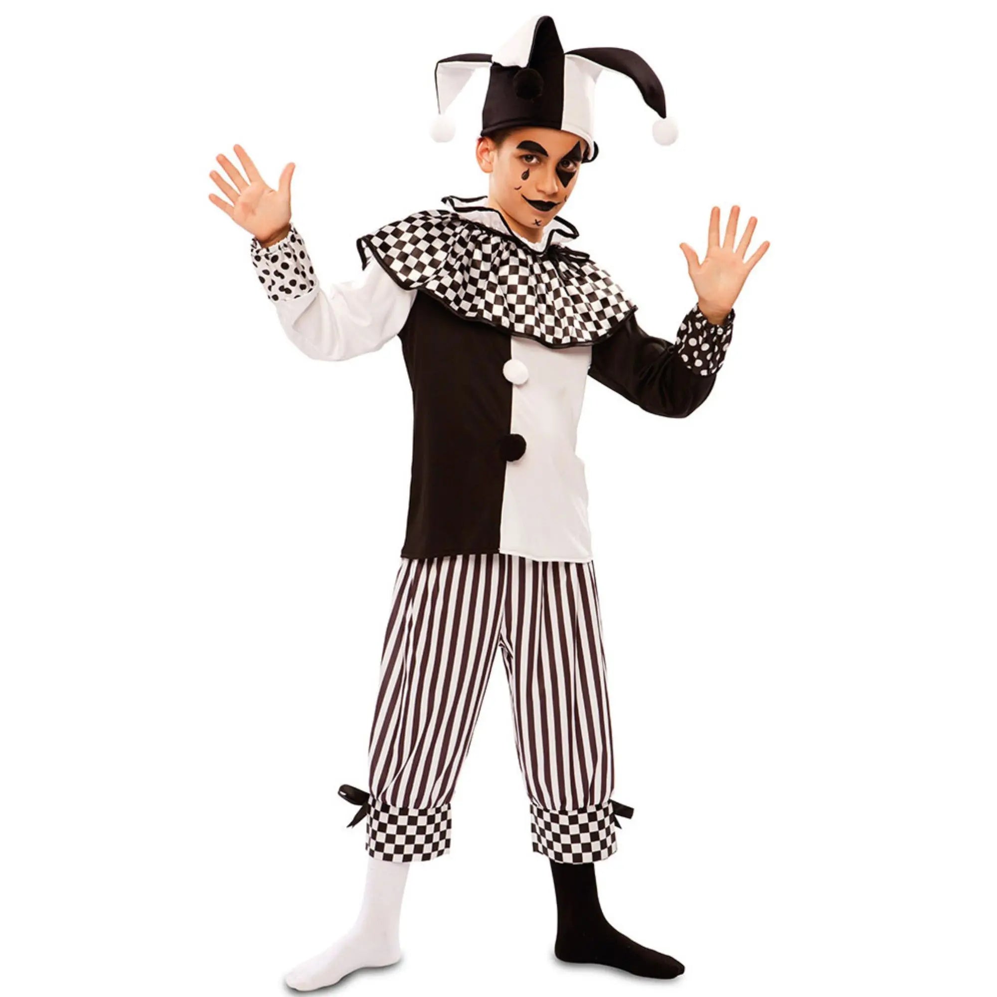 Disfraz de arlequín para niño con camisa pantalón y gorro ideal para Carnaval o fiestas escolares