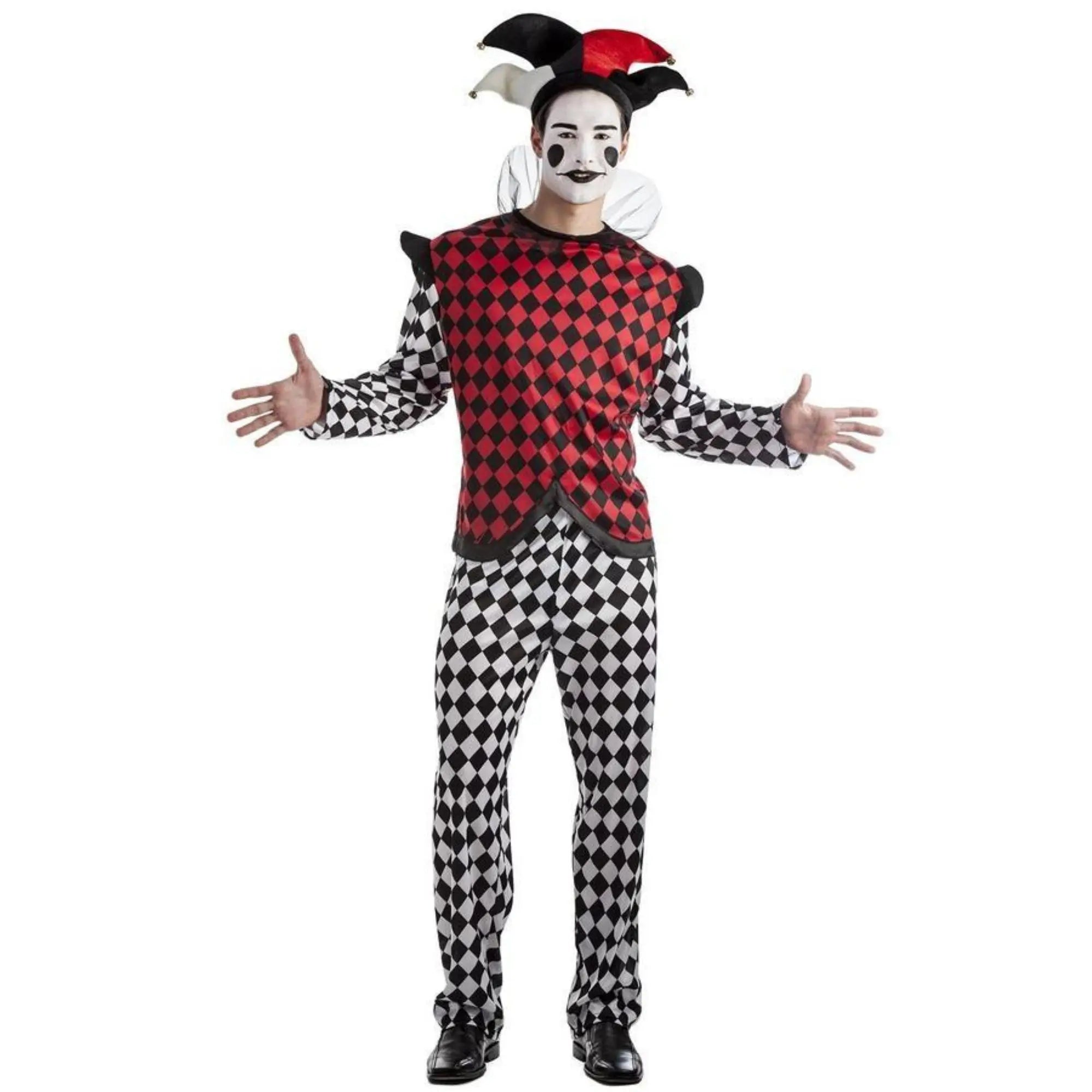 Disfraz de arlequín adulto con camisa colorida, pantalones y sombrero para Carnaval y fiestas temáticas