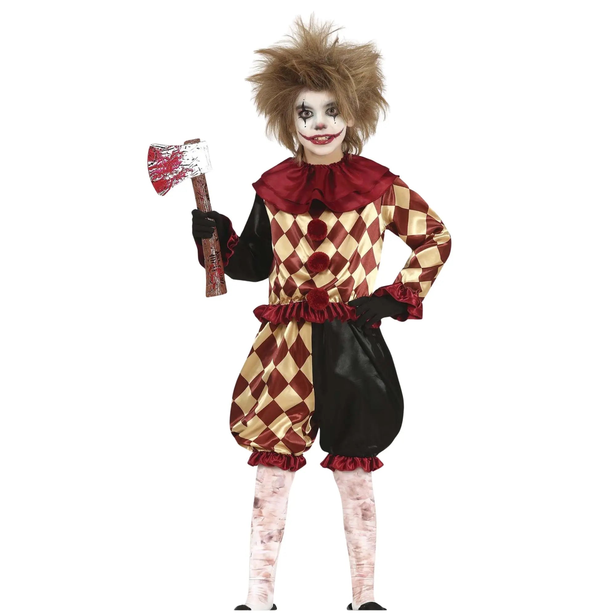 Disfraz de arlequín de terror para niño con camiseta, pantalón y cuello estilo circo oscuro ideal para Halloween