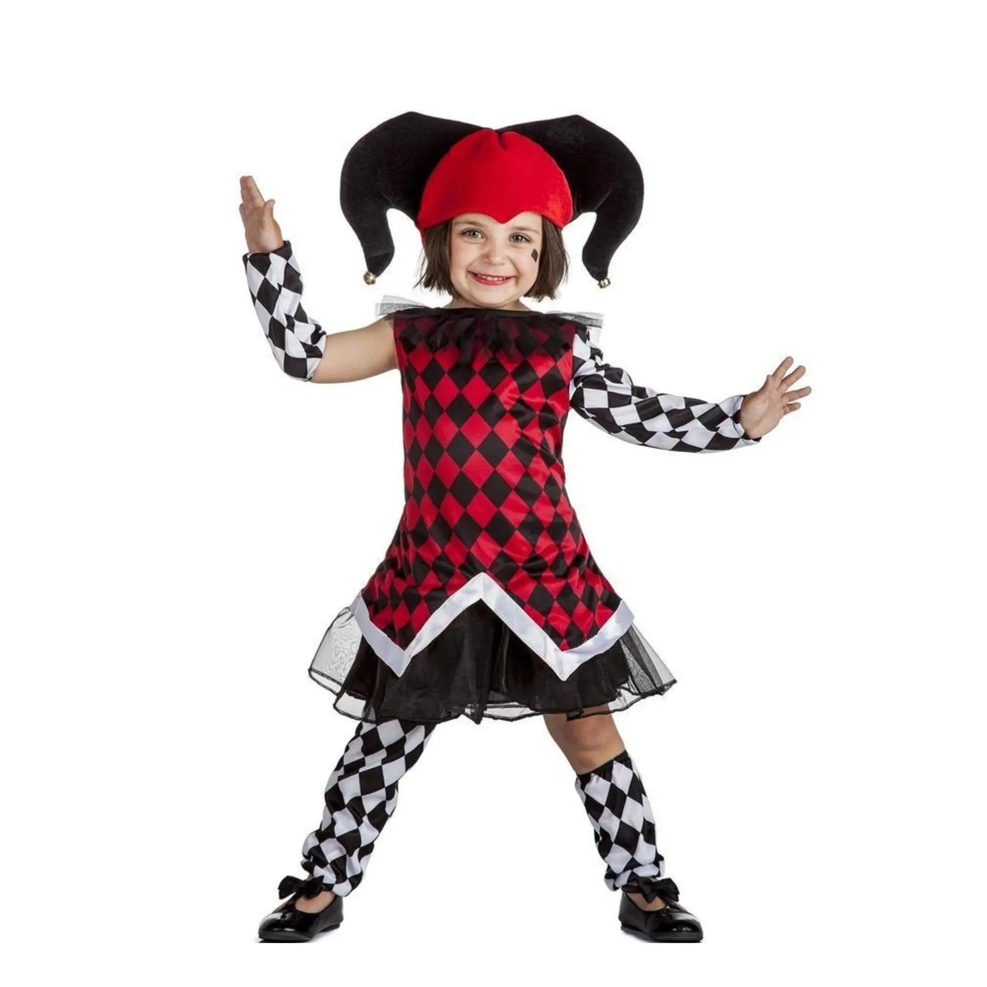 Disfraz de arlequina para niña con vestido colorido, perneras, mangas y sombrero de estilo circo