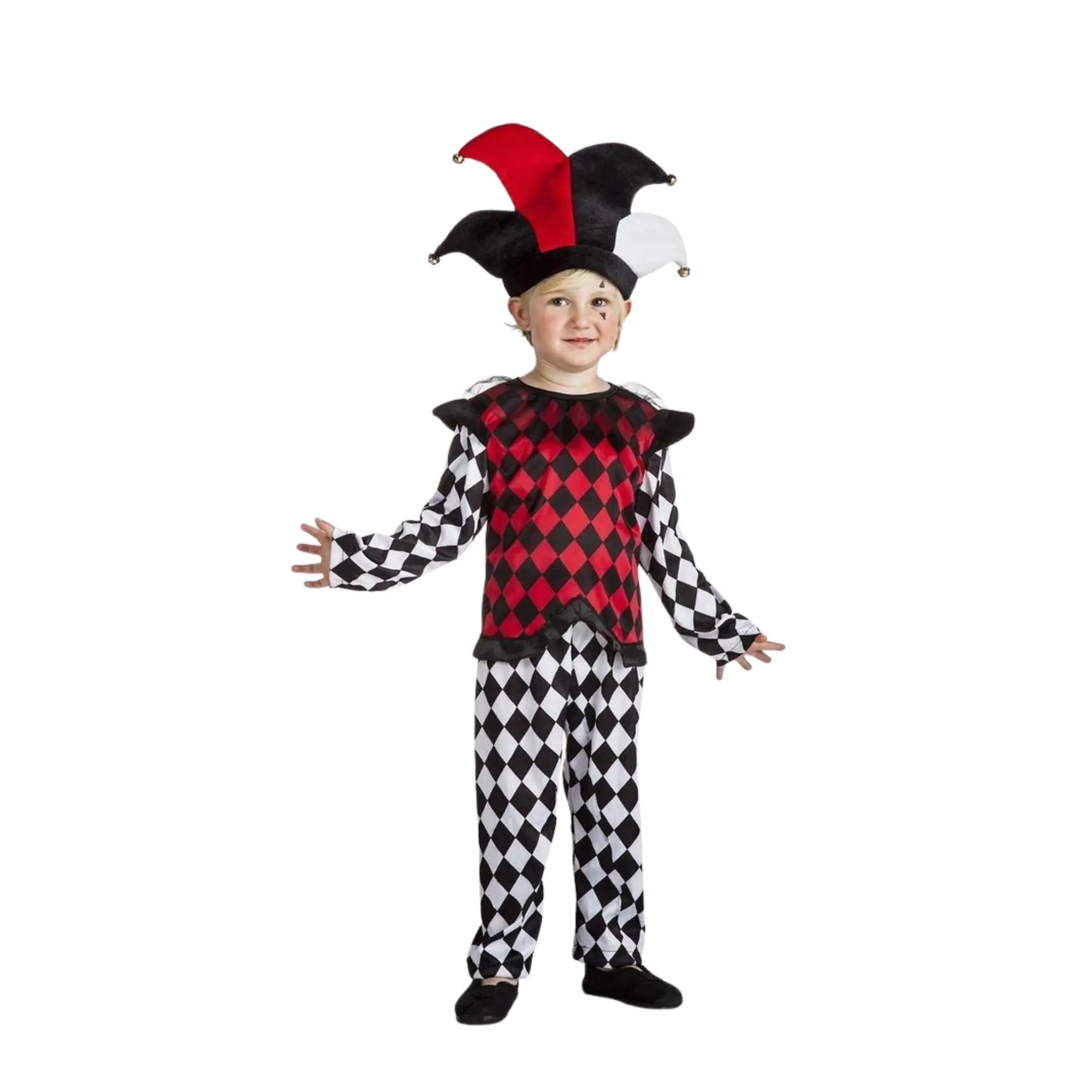 Disfraz de arlequín para niño con camisa, pantalones y sombrero colorido ideal para Carnaval