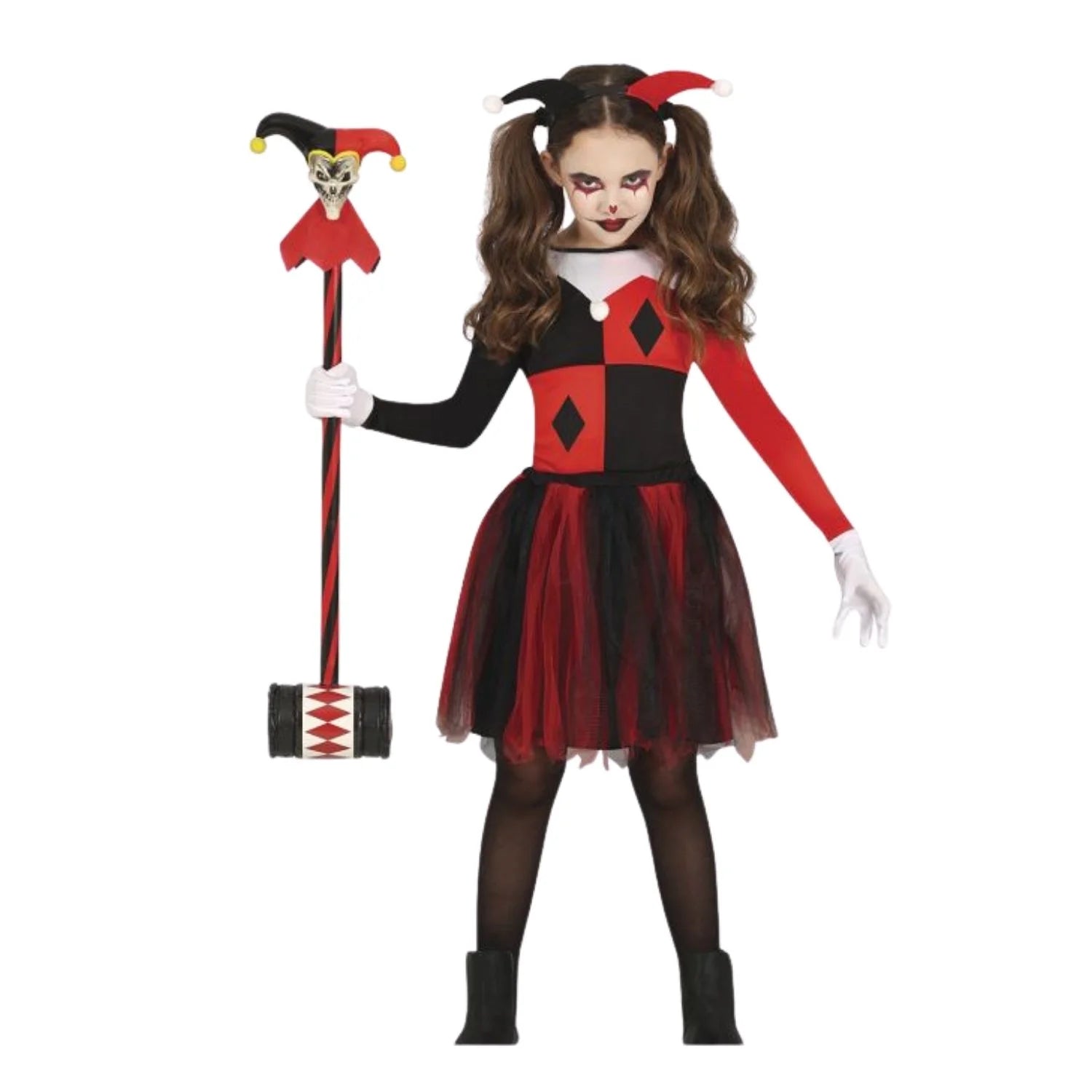 Disfraz de arlequin rojo infantil con falda y diadema