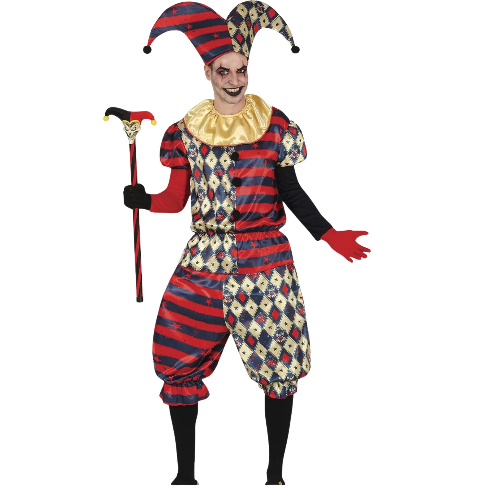 Disfraz de arlequín Diamond para hombre con pantalón, camisa, cuello y sombrero elegante para Carnaval o Halloween