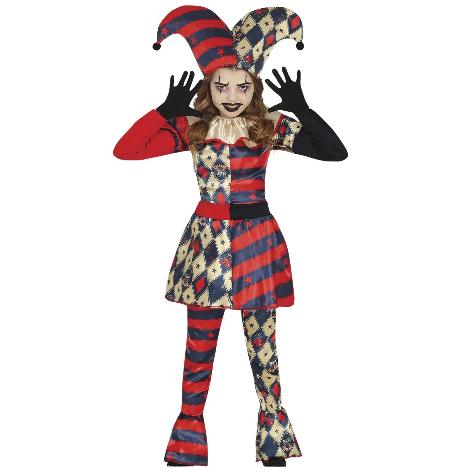 Disfraz de arlequín para niña con gorro, cuello decorativo, camiseta y pantalón elegante para Carnaval