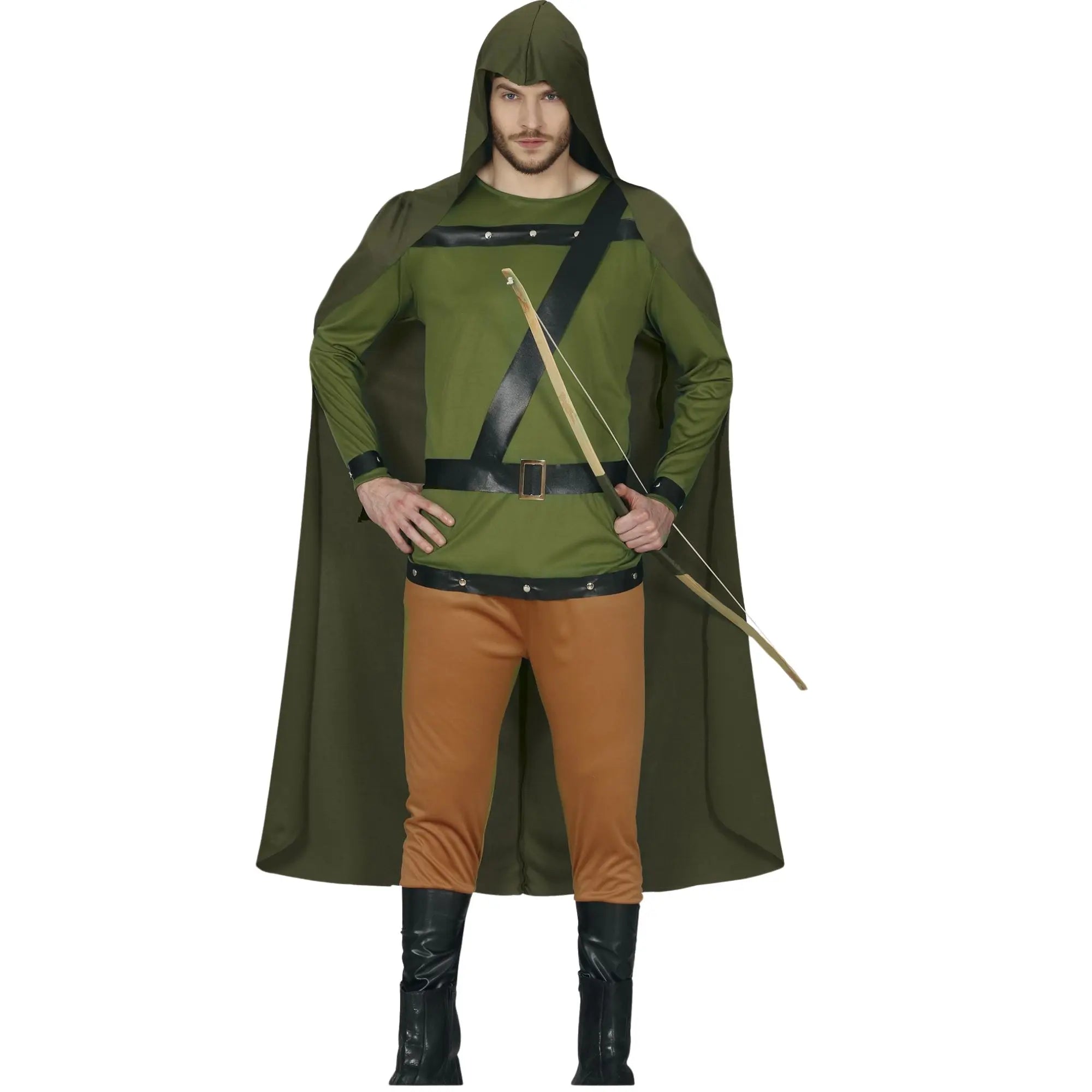 Disfraz de arquero adulto con capa, capucha, cinturón y muñequeras estilo medieval para Carnaval y fiestas temáticas
