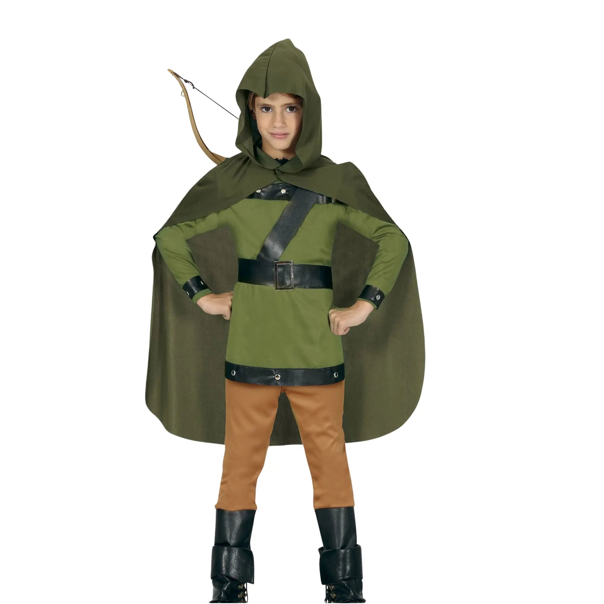 Disfraz de arquero infantil con capa, capucha, pantalón y muñequeras para Carnaval y fiestas de aventuras