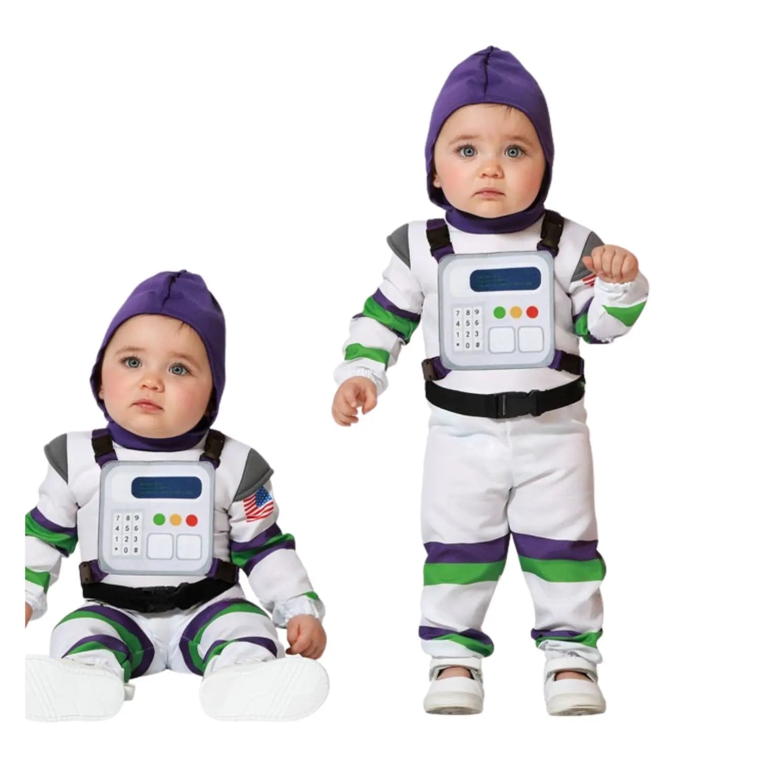 Bebé con disfraz de astronauta compuesto por mono, gorro y panel de control espacial acolchado