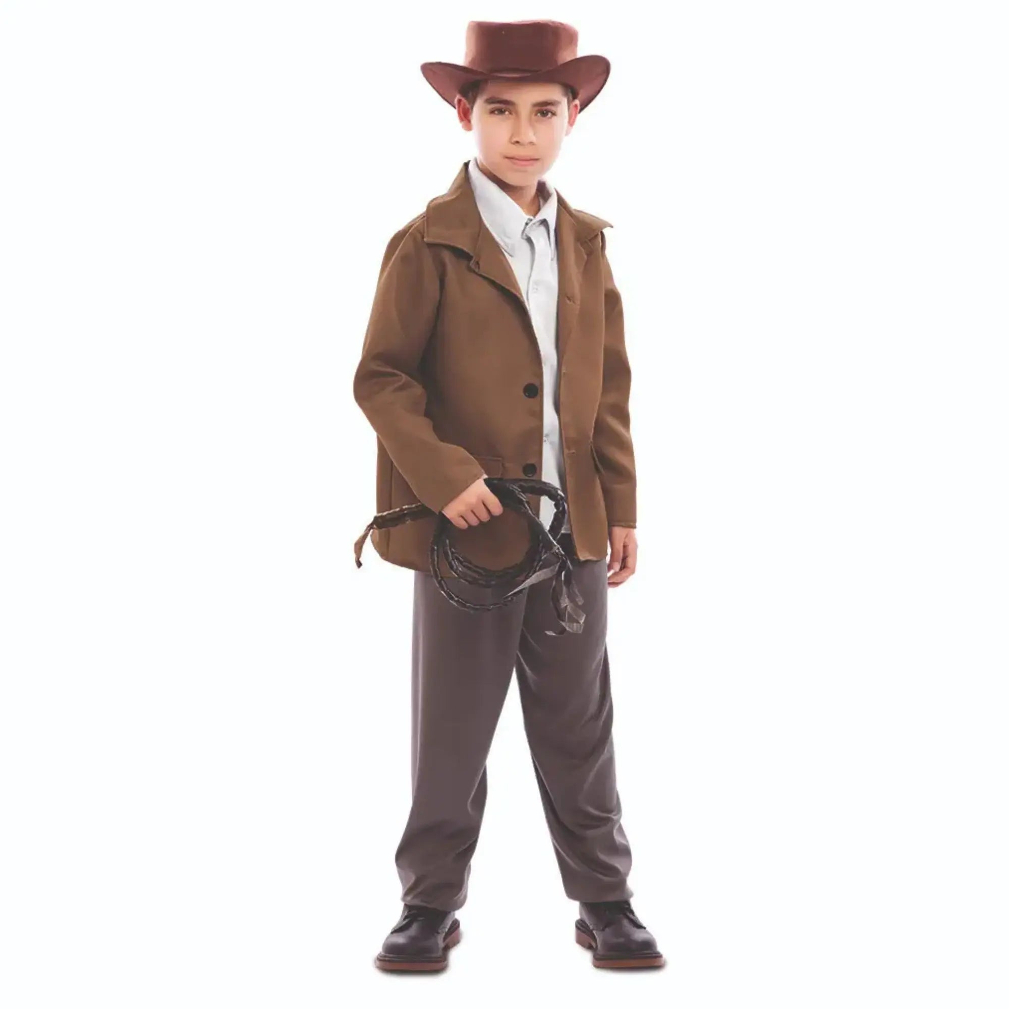 Disfraz de aventurero infantil para niño con chaqueta, sombrero y pantalón estilo Indiana Jones para Carnaval