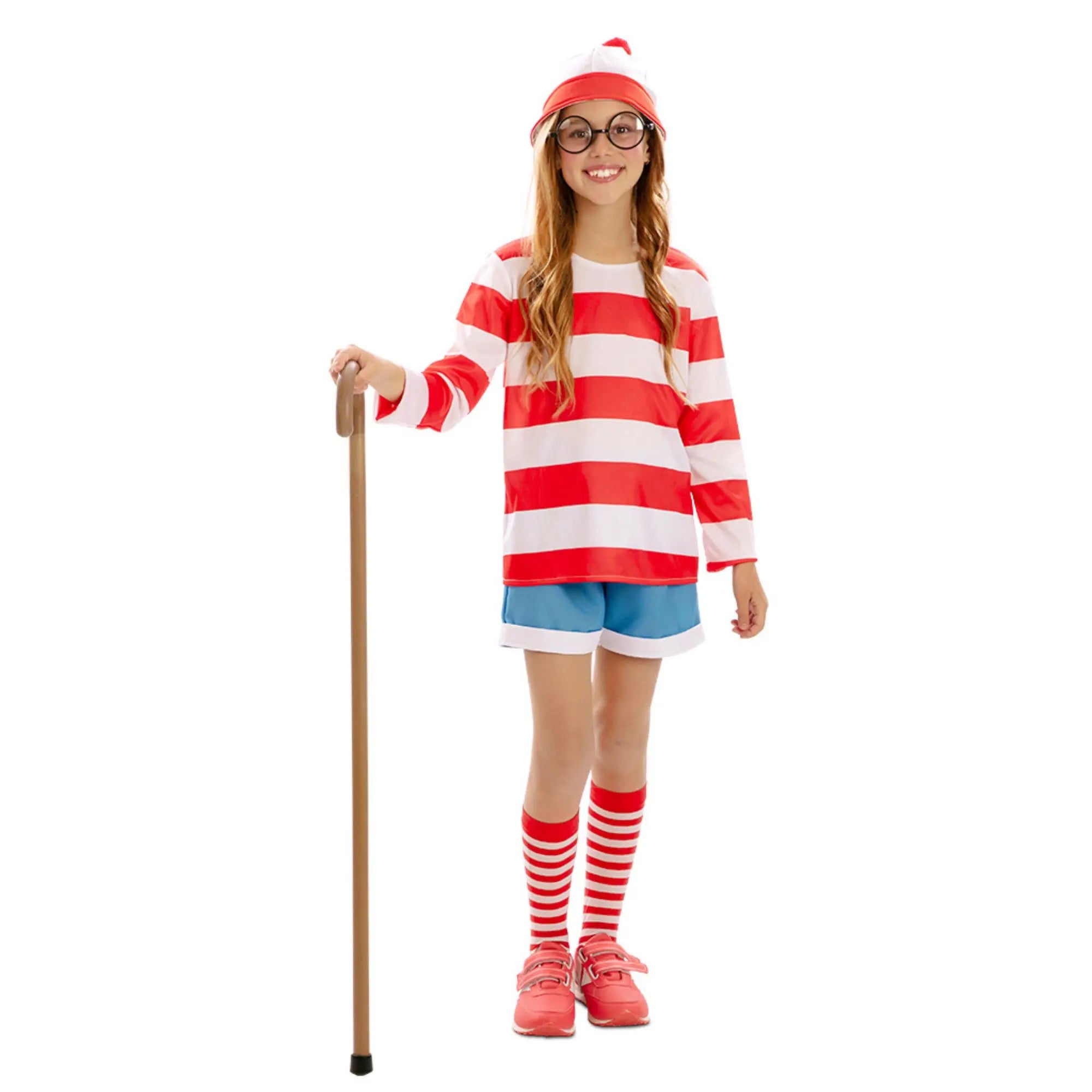 Disfraz de viajera para niña tipo Wally con camiseta de rayas rojas y blancas, gorro, medias y pantalón azul ideal para Carnaval