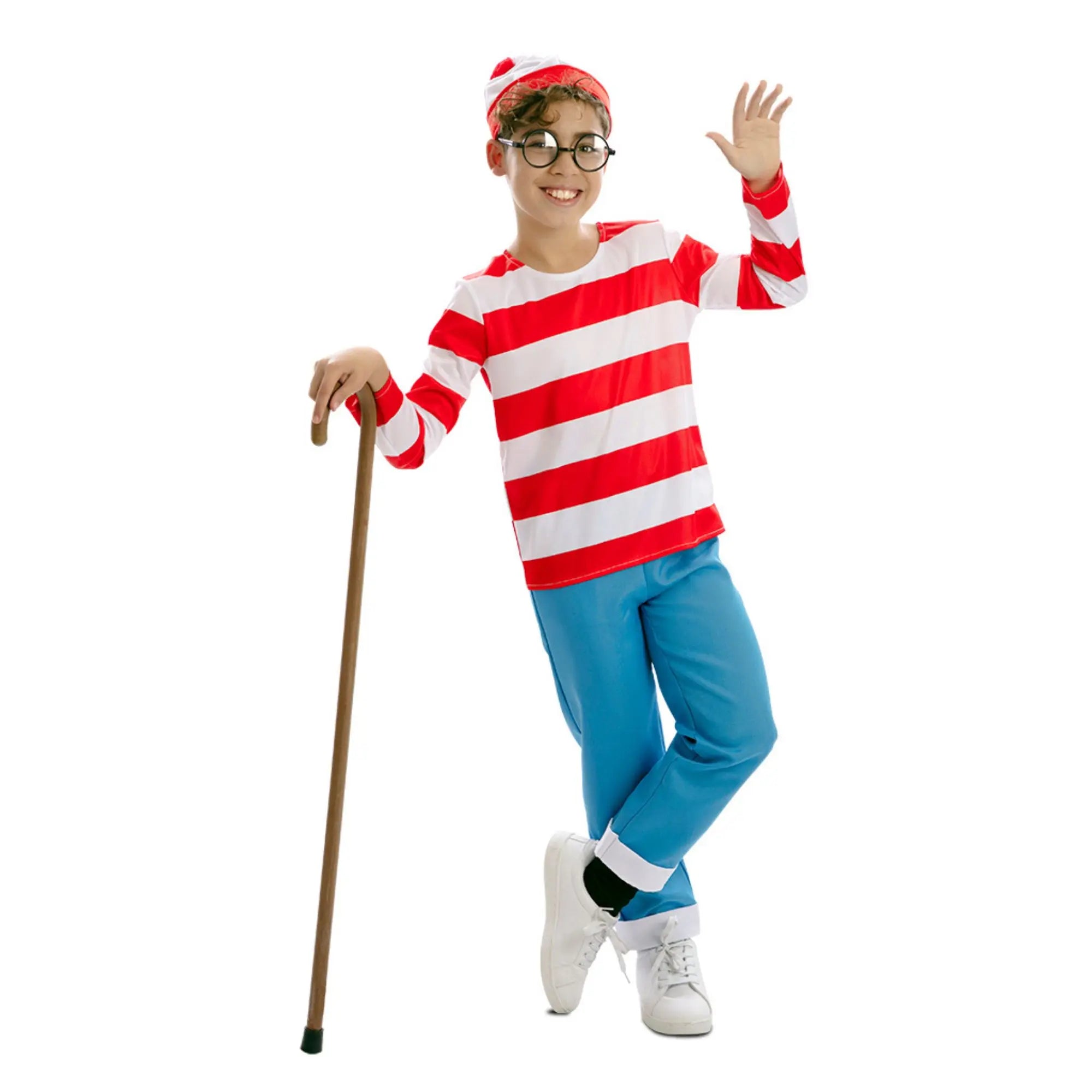 Disfraz de viajero para niño tipo Wally con camiseta de rayas rojas y blancas, gorro y pantalón azul ideal para Carnaval